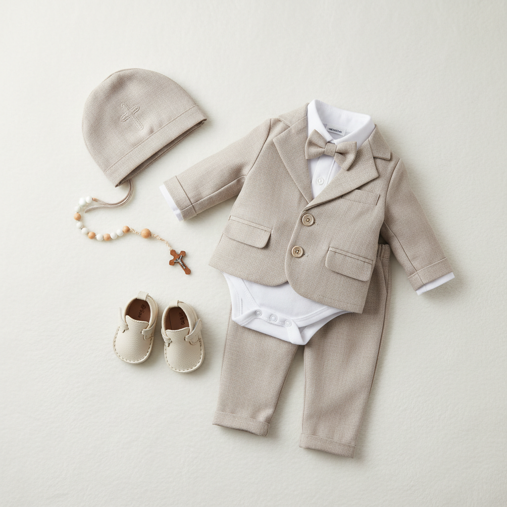 Ensemble baptême garçon - Beige