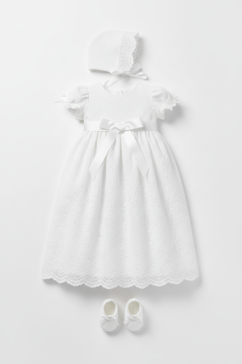 Ensemble baptême robe bonnet chaussons