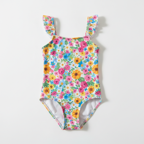 Maillot de bain une pièce fleuri pour petite fille sur fond blanc