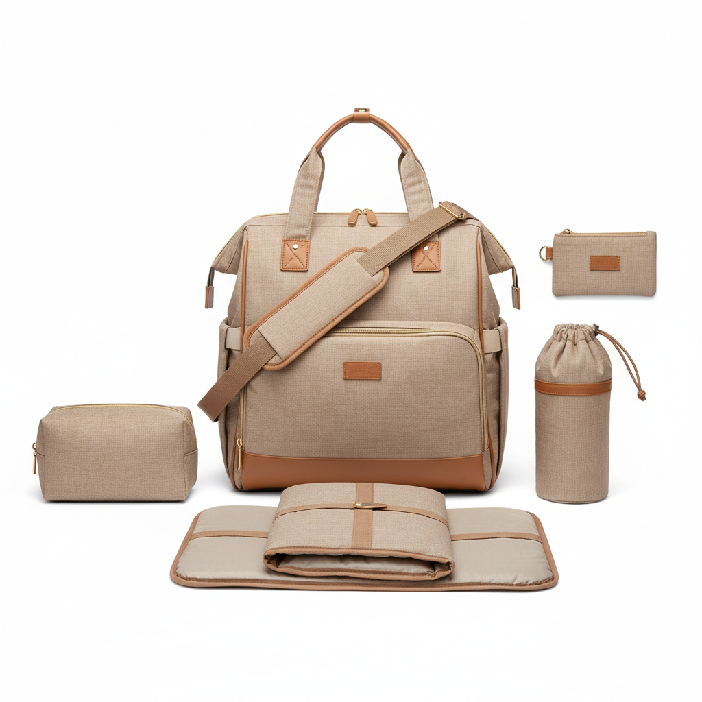 Ensemble 5 pièces sacs parentaux beige sur fond blanc