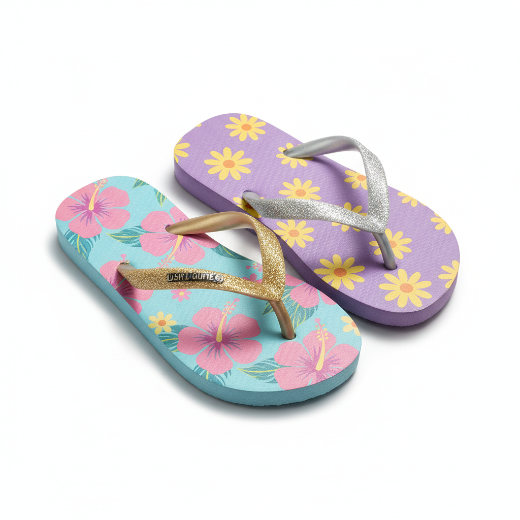 Tongs colorées pour petite fille sur fond blanc