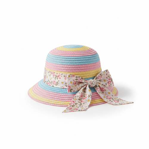 Chapeau de soleil fleuri pour petite fille sur fond blanc