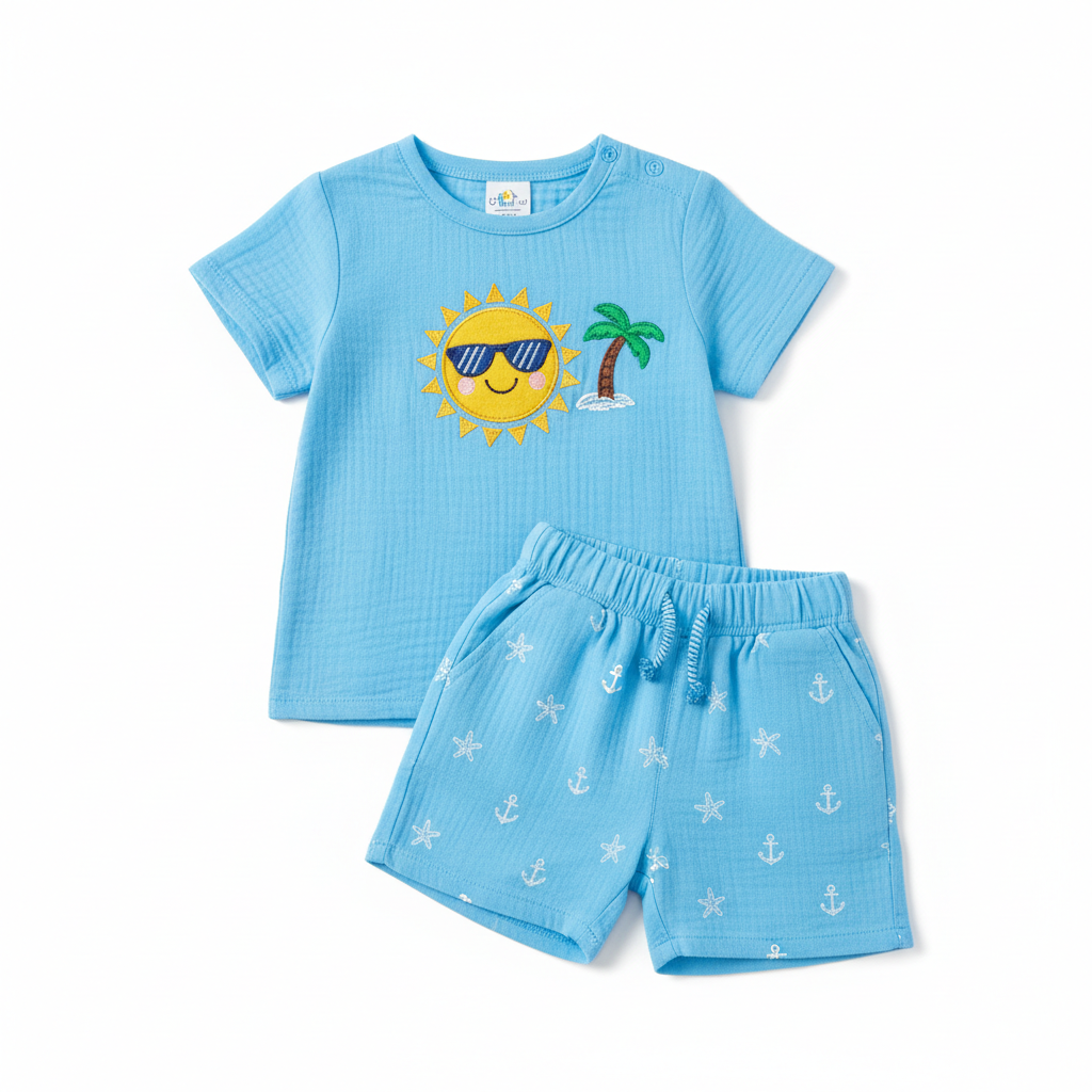 Ensemble t-shirt short bébé garçon bleu sur fond blanc