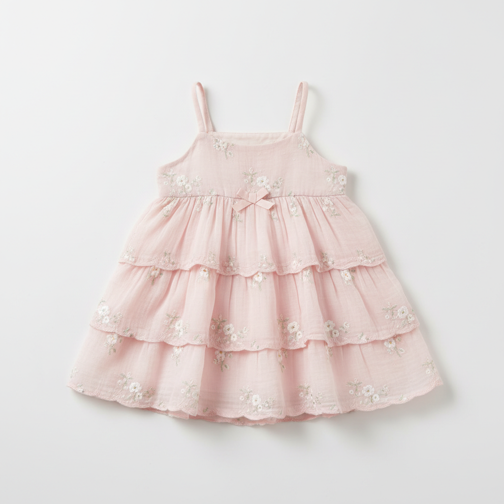 Robe d'été bébé fille rose avec volants et détails floraux